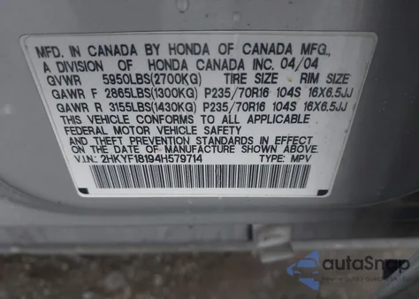 2004 Honda Pilot Lx from USA, damaged, VIN 2HKYF18194H579714